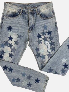 mnml Star Jeans Mens 34 Blue Faded Denim Applique All Over Patches Distress
